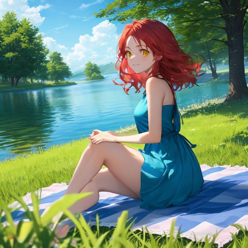 00159-2299588985-1Girl, mature, American, redhead, medium hair, yellow eyes, sitting on a picnic blanket near a lake, elegant summer dress, happy.png